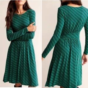 Boden petite Abigail jersey dress fit and flare blue green geometric design 2P